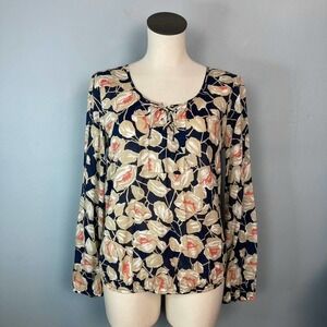 Lucky Brand Floral Vine Lace Up Neckline Peasant Blouse Navy Blue Tan Size M